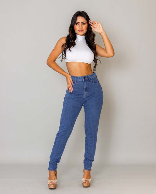 Calça Jeans Mom Feminina Cintura Alta Básica com Elastano 00201 Média