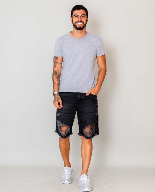 Bermuda Jeans Masculina com Rasgo e Barra Desfiada  21633 Preto