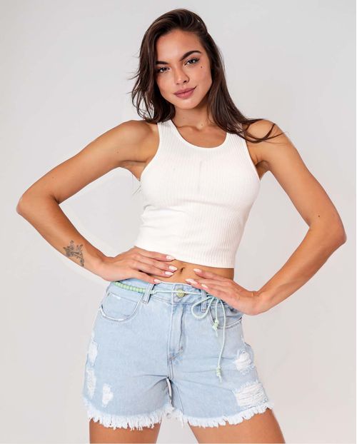 Shorts Jeans Feminino Boy Rasgado com Barra Desfiada 00233 Vintage