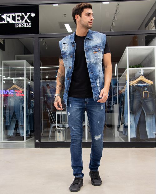 Calça Jeans Slim Fit Masculina Destroyed 21969 Escura