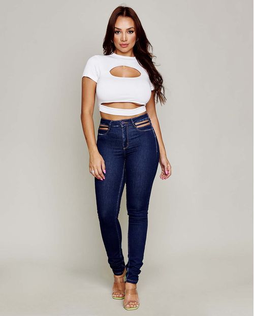 Calça Jeans Feminina Skinny Intermediaria Extreme Power com Cut Out Abaixo do Cós   21733 Amaciado
