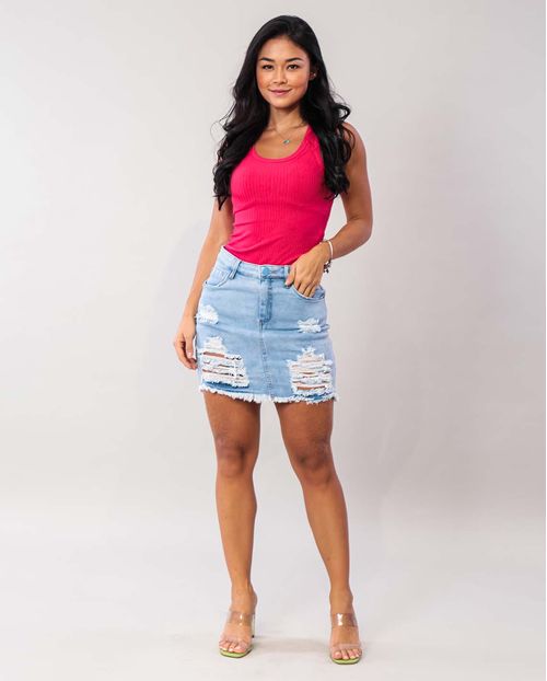 Mini Saia Jeans Feminina com Rasgos, Puídos e Barra Desfiada  21716 Clara Rasgada