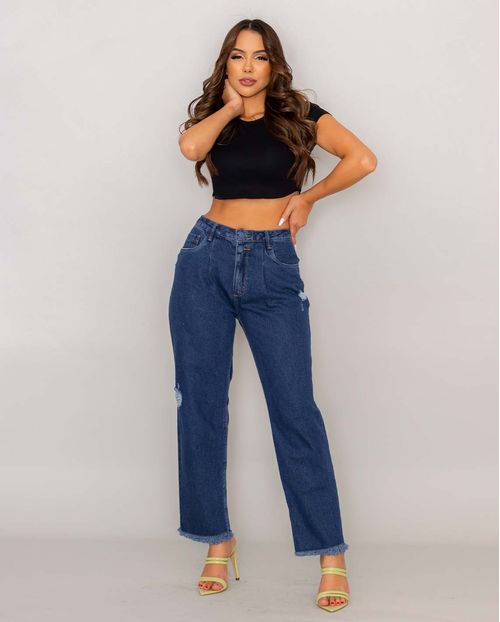 Calça Jeans Feminina Slouchy Rasgada com Barra Desfiada   21864 Escura