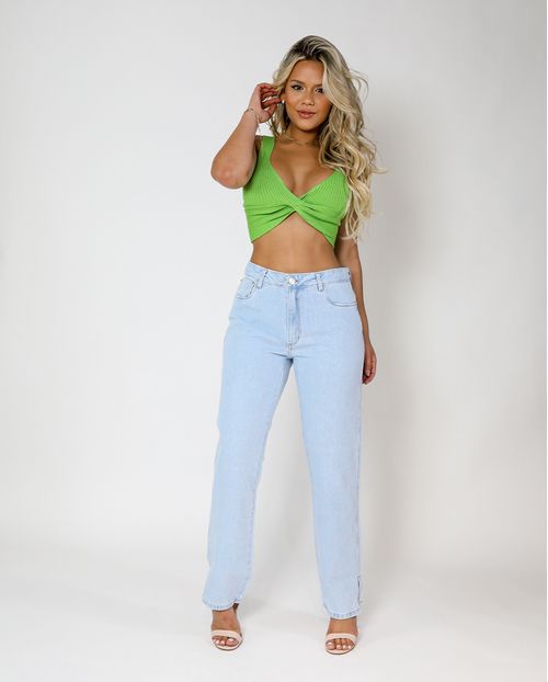 Calça Jeans Wide Loose Feminina Cintura Alta Abertura Lateral Barra 02920 Clara