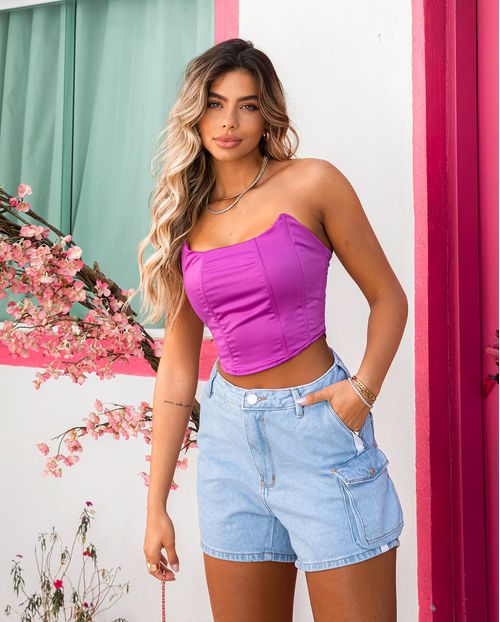 Shorts Jeans Feminino Mom com Faixa Lateral Branca e Bolso Cargo 21663 Clara