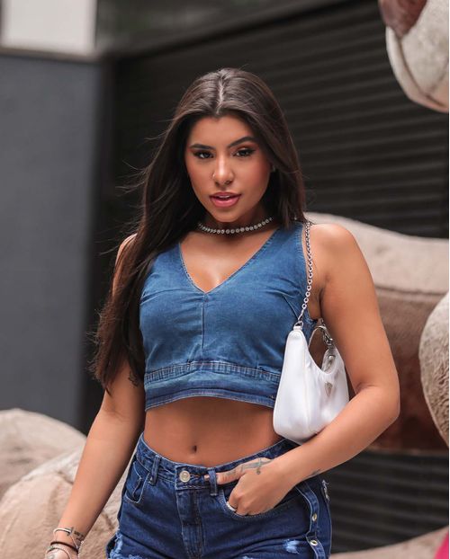 Top Jeans Feminino Médio Cropped com Decote V  21275 Média