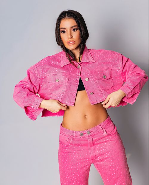 Jaqueta Feminina Cropped com Barra Mullet Desfiada - Shine 21966 Rosa
