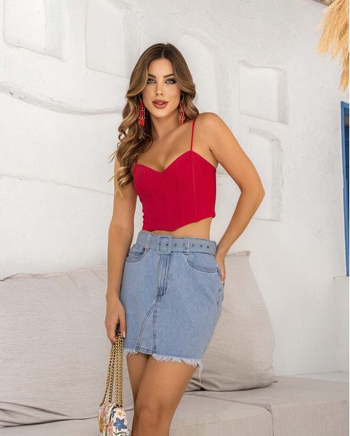 Mini Saia Jeans com Cinto Revestido e Barra Desfiada  22444 Clara