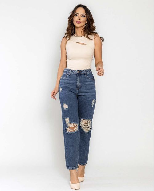 Calça Jeans Feminina Mom com Rasgos Nas Perna  22662 Escura
