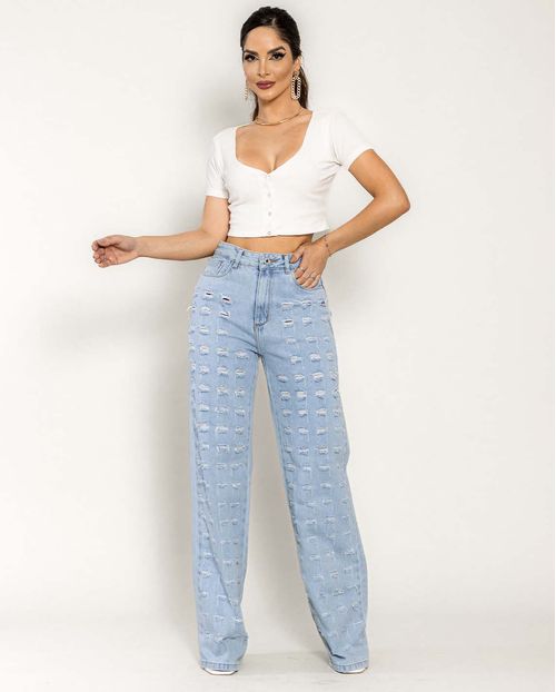 Calça Jeans Feminina Wide Leg com Rasgos em Toda Parte Frontal da Perna  22590 Clara