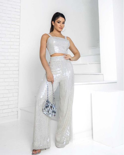 Conjunto Paete Calça  com Top de Alcinha 90219 Prata