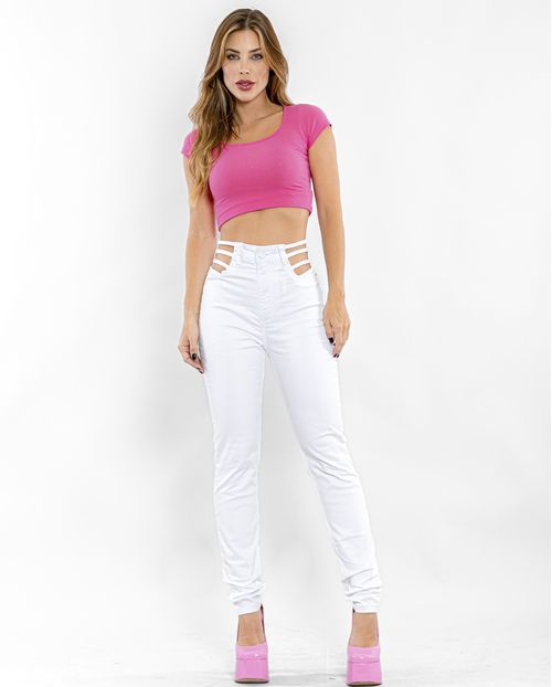 Calça Feminina Hot com Cós e Espelho Vazado   22449 Branco