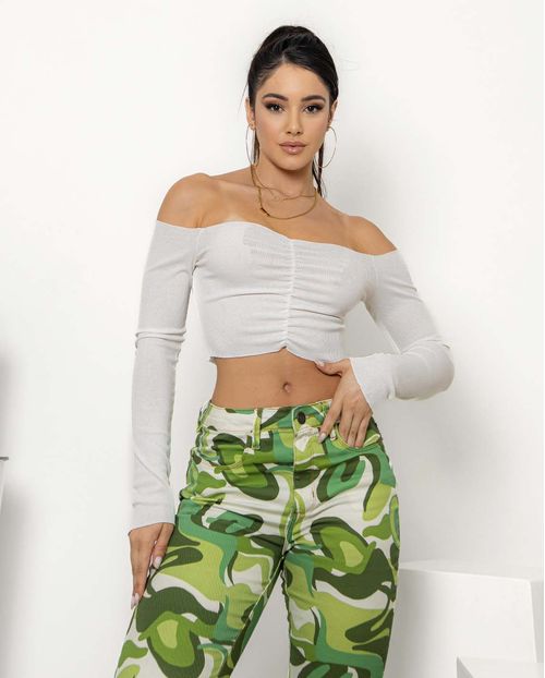 Calça Jeans Feminina Flare com Abertura Frontal Na Barra  22438 Estampado Verde