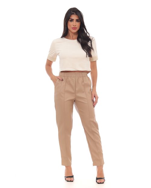 Calça Material Sintético Mom Feminina Cintura Alta Elástico No Cós 90458 Bege