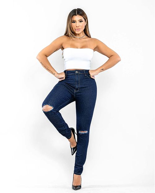 Calça Jeans Skinny Feminina Cintura Alta com Elastano 206oz 05000 Amaciado Rasgado