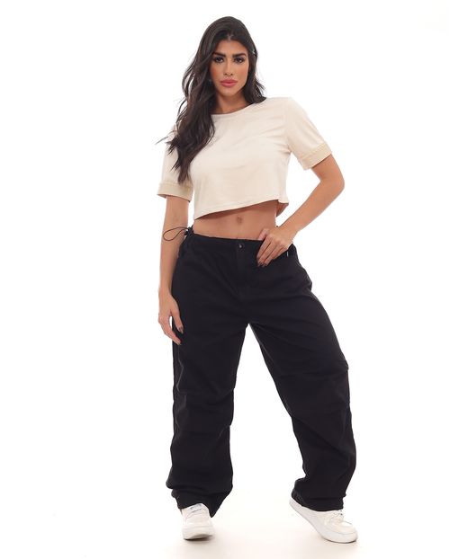 Calça Parachute Feminina Cintura Média Barra com Elástico 22705 Preto