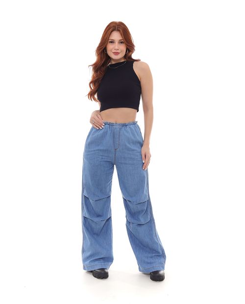 Calça Jeans Wide Leg Parachute Feminina Cintura Alta Elástico No Cós 22888 Média