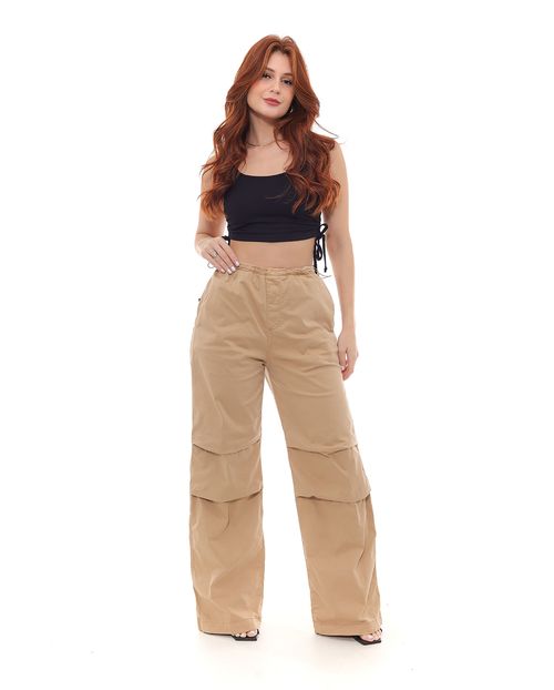 Calça Feminina Wide Leg Parachute com Reguladores de Elástico No Cós  22968 Caqui
