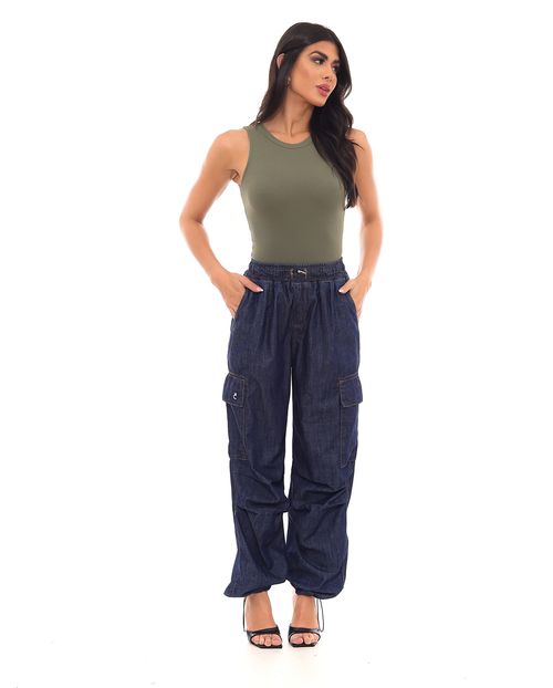 Calça Feminina Parachute Cargo Cintura Média com Reguladores 23027 Escura