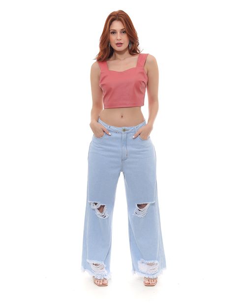 Calça Jeans Cropped Flare Feminina Cintura Média Barra Desfiada e Rasgos 22966 Clara