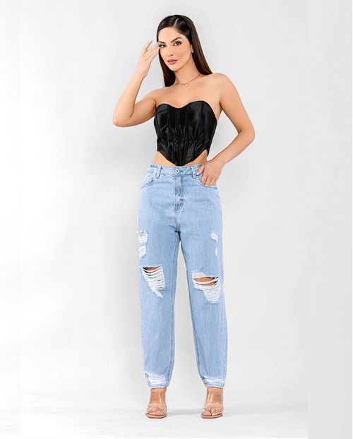 Calça Jeans Feminina Mom com Rasgos Na Perna  22745 Clara