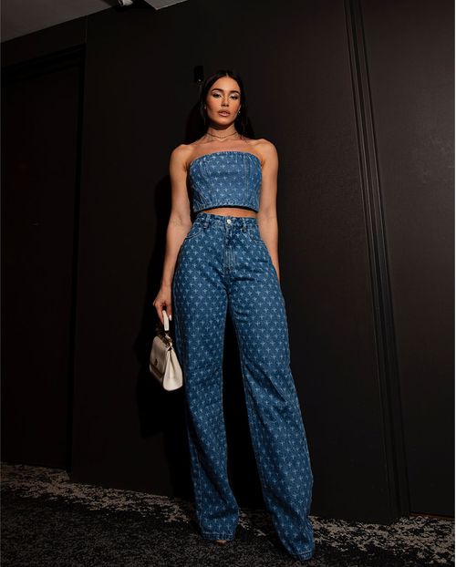Calça Jeans Wide Leg Feminina Cintura Alta com Estampa a Laser 23043 Média