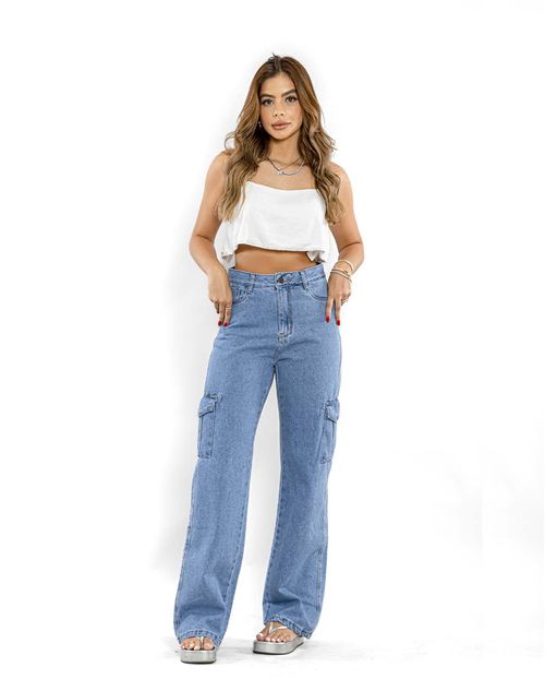 Calça Jeans Wide Leg Feminina Cintura Alta com Bolso Cargo 22186 Média
