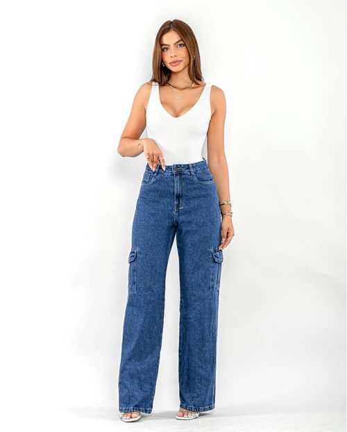 Calça Jeans Wide Leg Feminina Cintura Alta com Bolso Cargo 22186 Escura