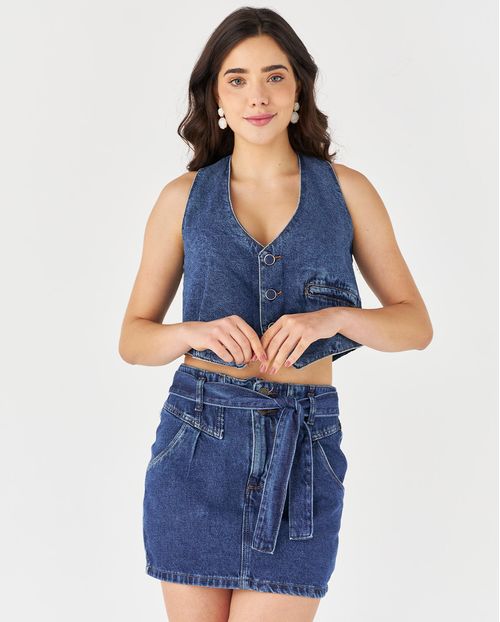 Mini Saia Jeans Cintura Média com Cinto 22605 Escura