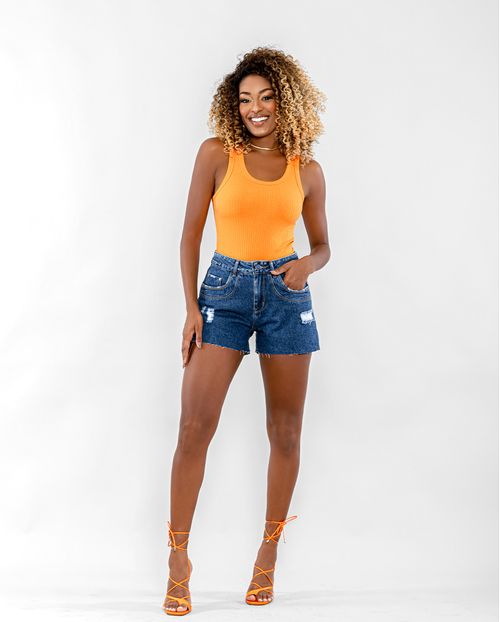 Shorts Jeans Boyfriend Feminino Cintura Média Barra No Fio 22609 Escura