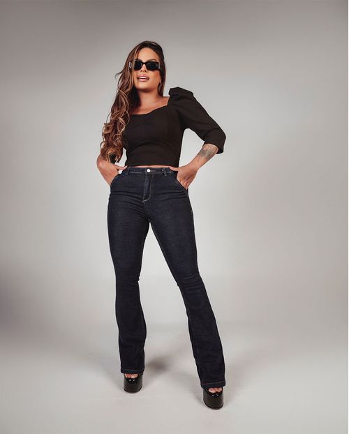 Calça Jeans Flare Feminina Cintura Média Básica 23076 Escura