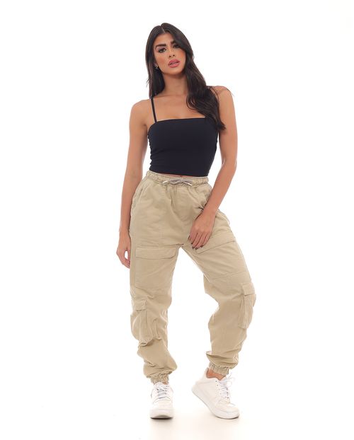 Calça Sarja Jogger Feminina Cintura Média Cargo 22691 Bege