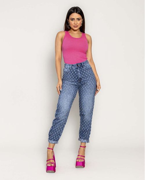 Calça Jeans Feminina Mom  com Puídos e Strass 22087 Escura