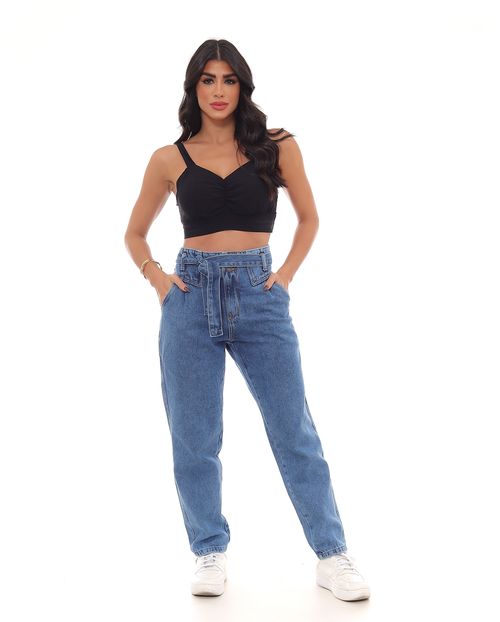 Calça Jeans Mom Feminina Cintura Alta com Cinto 22604 Média