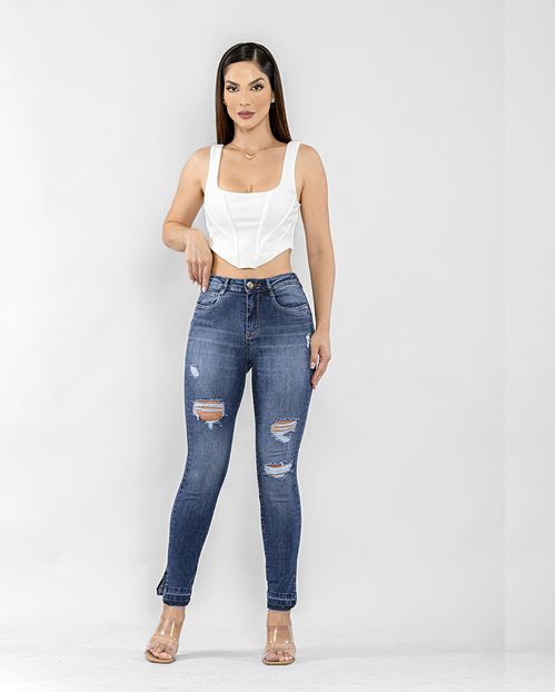 Calça Jeans Feminina Skinny Intermediaria Barra Desmanchada  22581 Escura