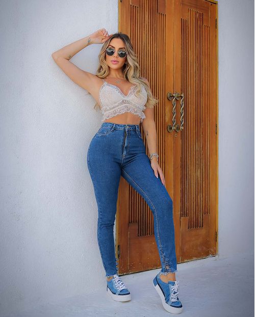 Calça Jeans Skinny Hot Feminina Cintura Alta com Botões Na Barra 22716 Escura