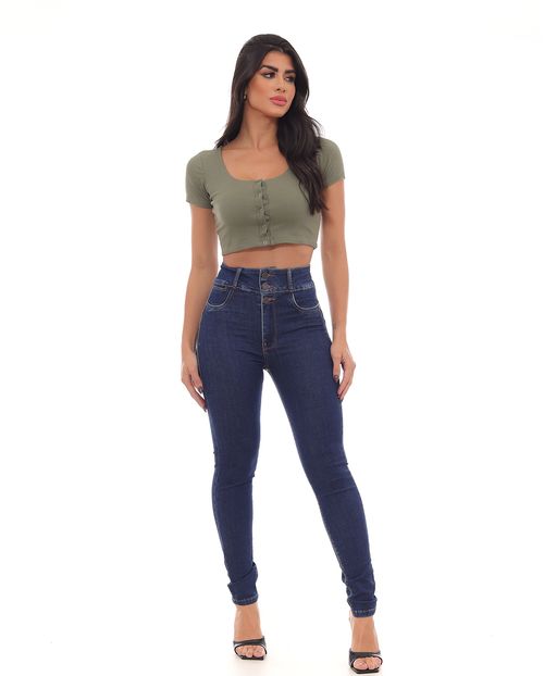 Calça Jeans Skinny Hot Feminina Cintura Alta Cós Largo com Elastico 22712 Escura