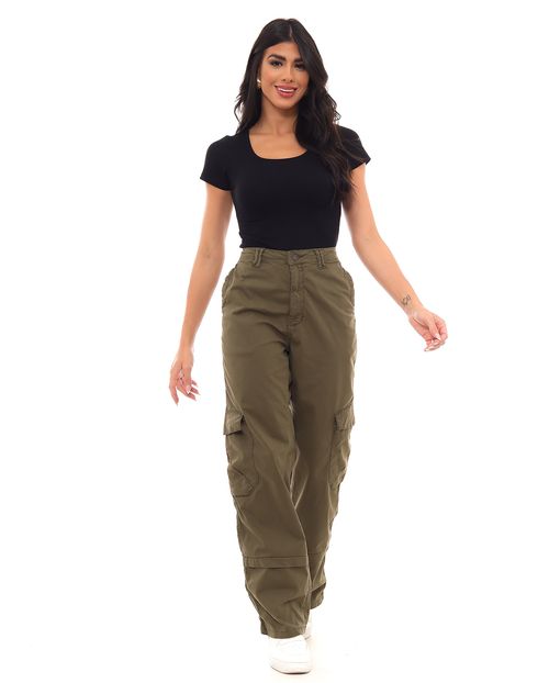 Calça Sarja Wide Leg Feminina Cintura Alta Bolso Cargo 22969 Verde Militar