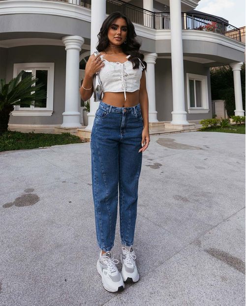 Calça Jeans Mom Feminina Cintura Alta Recortes 22855 Média