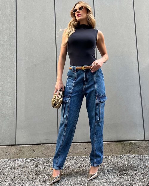 Calça Jeans Reta Cargo Feminina Cintura Alta Recorte Na Perna 22967 Média