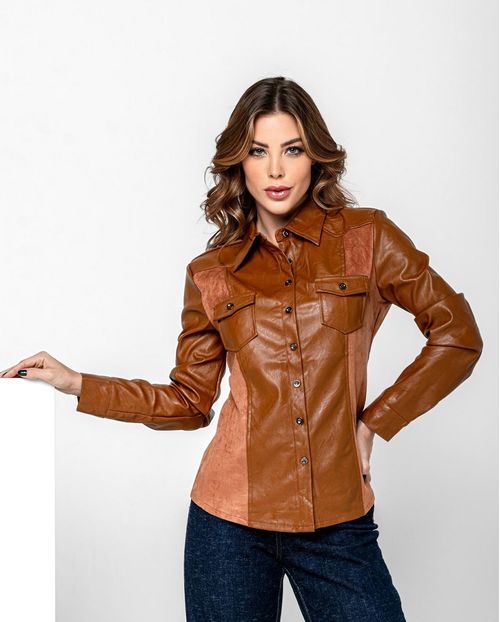 Camisa Tecido Sintético e Camurça Feminina 90445 Marrom