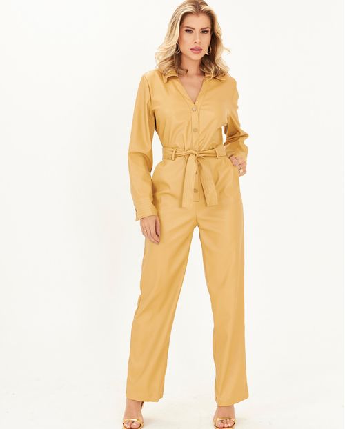 Macacão Material Sintético Feminino com Cinto 90473 Bege