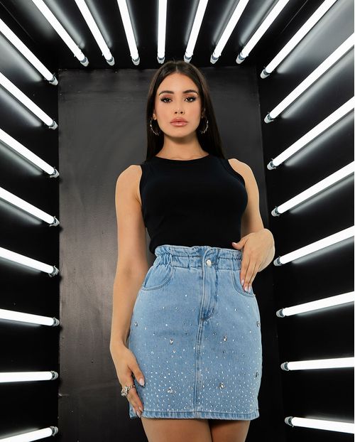 Mini Saia Jeans Clochard Feminina Cintura Alta com Aplicação 23275 Clara