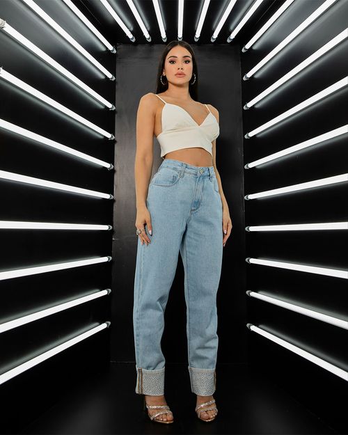 Calça Jeans Reta Feminina Cintura Alta Barra Dobrada com Aplicação 23256 Marmorizado