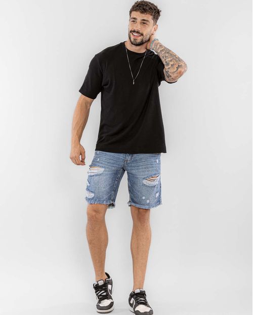 Bermuda Jeans Masculina com Rasgos e Barra Desfiada   22275 Média